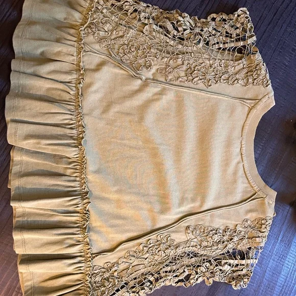 Anthropologie Lace Sleeve Ruffle Hem Crop Top Moss Green Medium - Picture 9 of 9